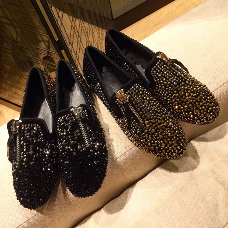 black flat shoes with rhinestones