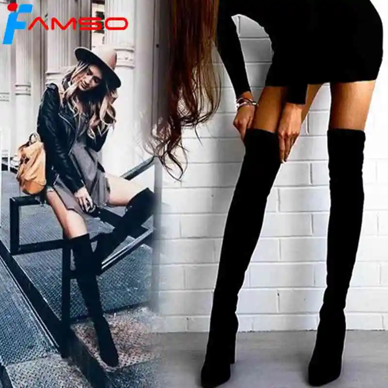 

FAMSO Size 34-43 2018 New Shoes Women Boots Black Over the Knee Boots Sexy Female Autumn Winter lady Thigh High Boots SBT3642