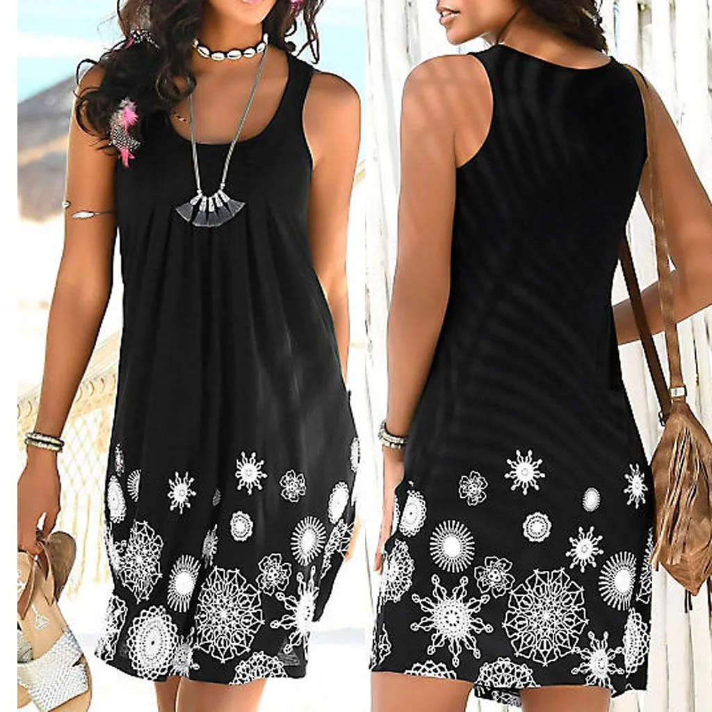 

New Fashion Spring Summer Womens Sleeveless Print Fashion Dress Ladies Holiday Casual Loose Sexy Mini Dress For Female