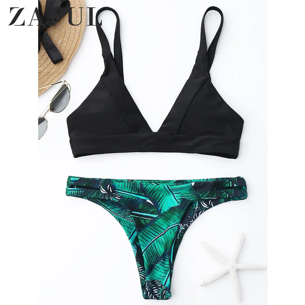 

ZAFUL New Bikini Leaf Print Plunge Thong Bikini Set Straps Sexy Swimsuit For Women Swimwear Chic Push Up Bathing Suit 2019