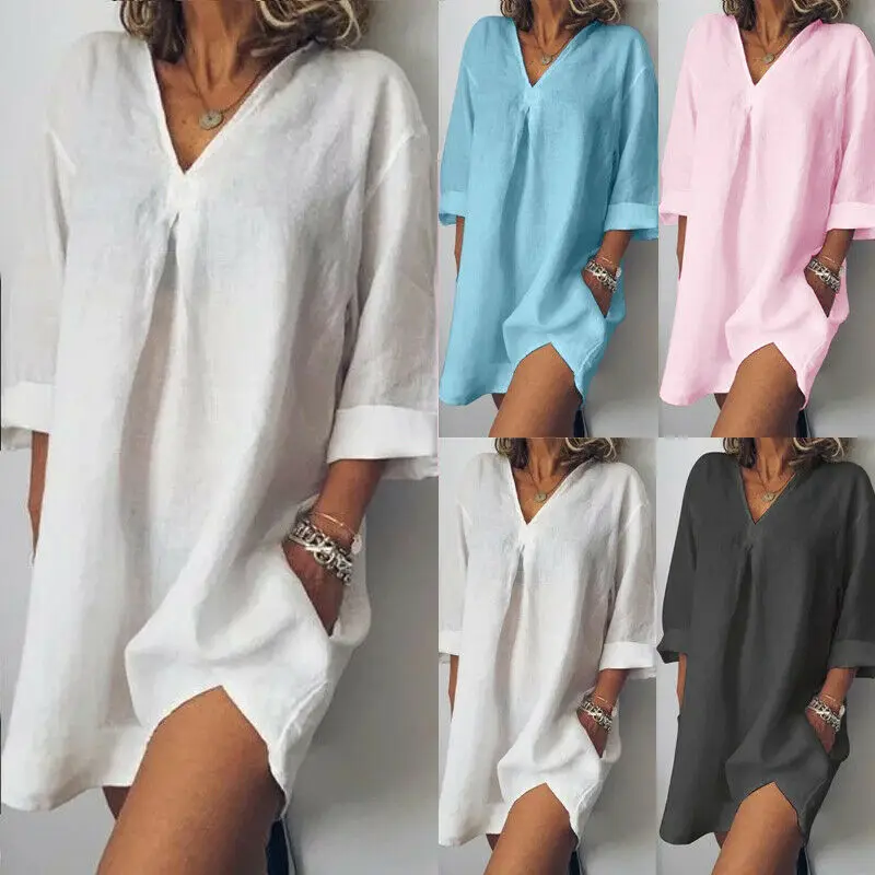 

Women Three-quarter sleeve Dress Solid V neck Casual Pocket Loose Top Dresses