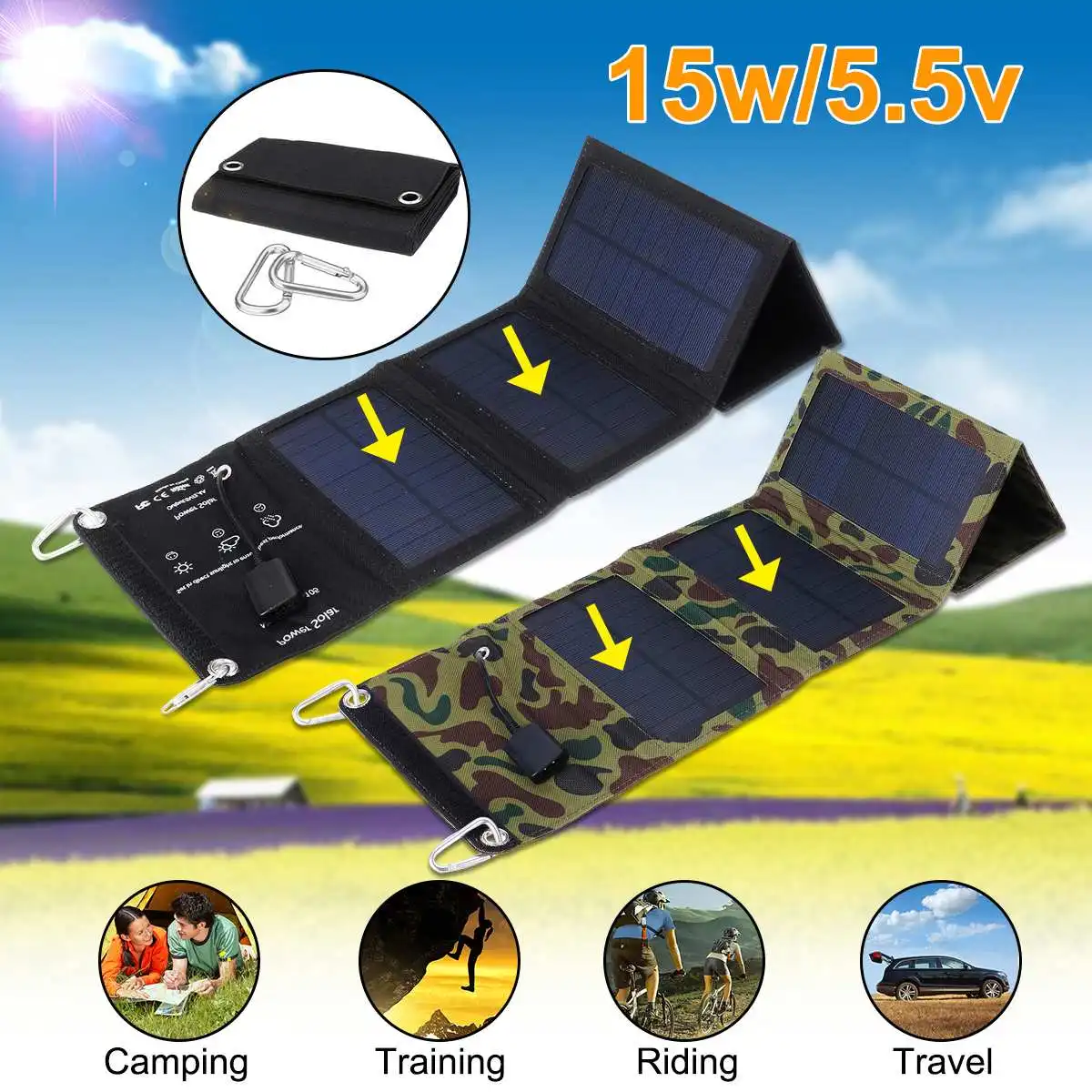 

5 Solar Panel 15W 5.5V Waterproof Portable Foldable Solar Panel Charger with USB Port Universal Phones Power bank Charger