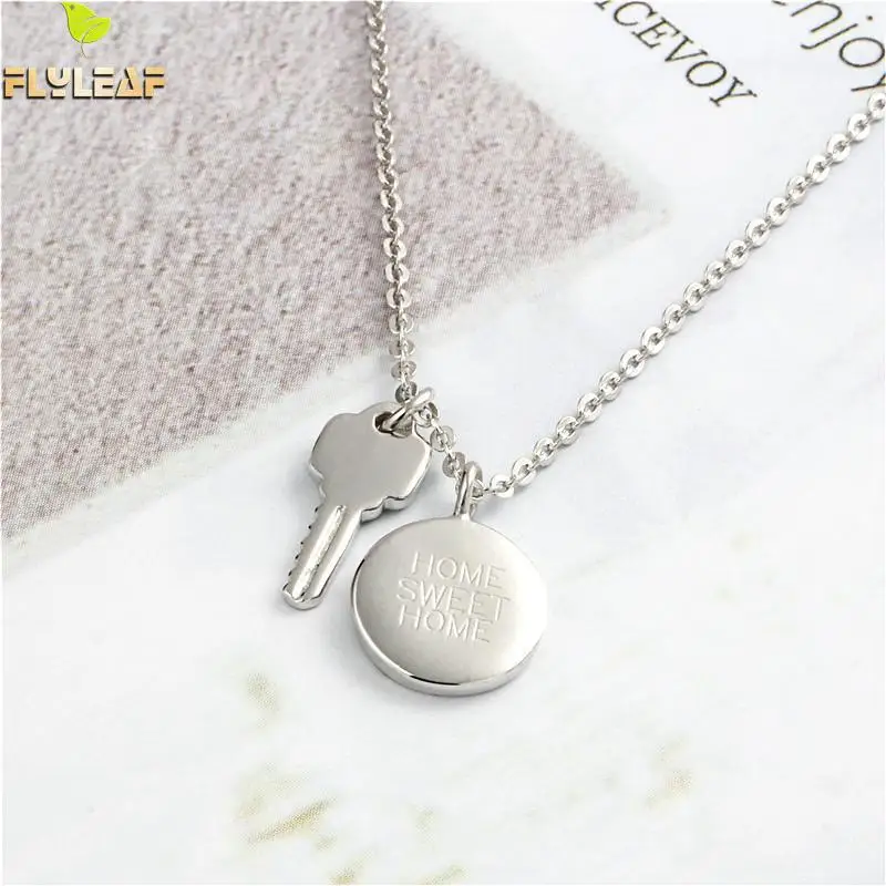 

Flyleaf 925 Sterling Silver Letter Round Tag Key Necklace Women Fashion Chain Fine Jewelry Simple Necklaces & Pendants Party