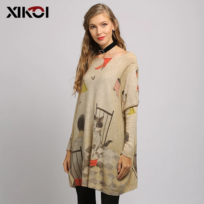 

XIKOI Long Oversized Women Sweater Casual Coat Batwing Sleeve Cat Print Women's Sweaters Clothes Pullovers O-Neck Knitted Dress