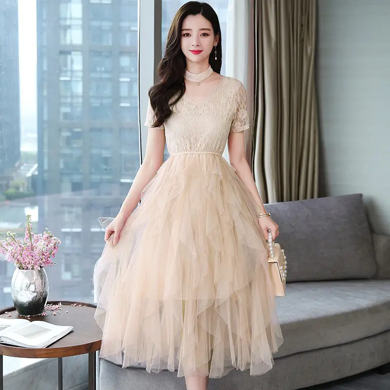 Модное корейское элегантное розовое кружевное лоскутное шифоновое платье с кисточками, женские летние платья с коротким рукавом и v-образным вырезом, женские платья vestidos mujer