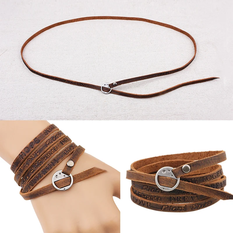 

New Genuine Cow Leather Men's Bracelet Five Laps Word Hand Made Wristband Ancient Western Retro Style Manual Decor Accessories