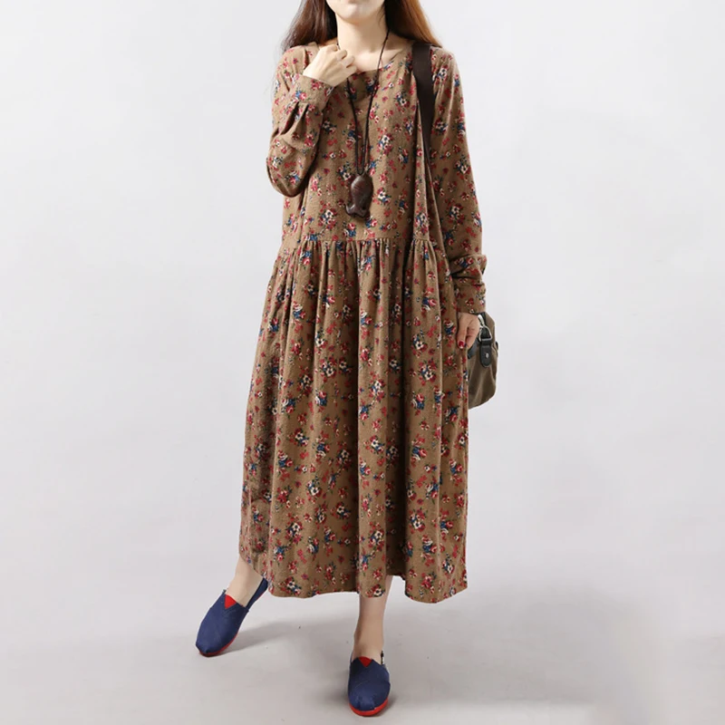 

boho Style Women dress Autumn Fashion Floral Long Sleeve Cotton Linen Long Dress NEW print floral dresses sundress plus size