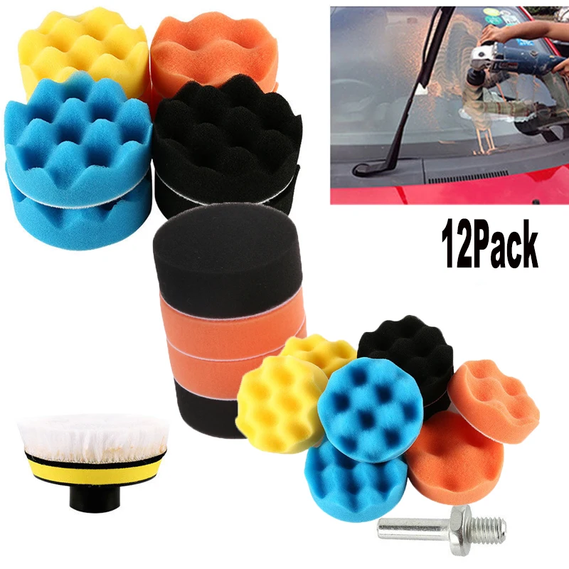12pcs 3/4/5/6/7 Inch Auto Car Polishing Pad Sponge Woolen Waxing Buffing Pads Kit With M10 M14 Drill Adapter | Автомобили и