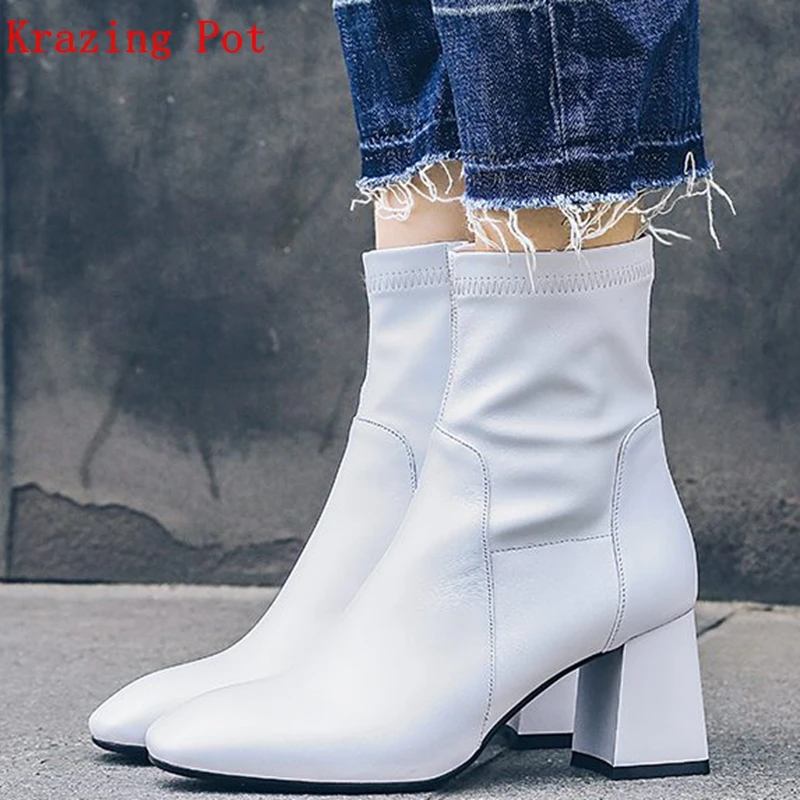 

Krazing Pot cow leather stretch fabric round toe square high heels zipper runway model simple style Chelsea stretch boots L61