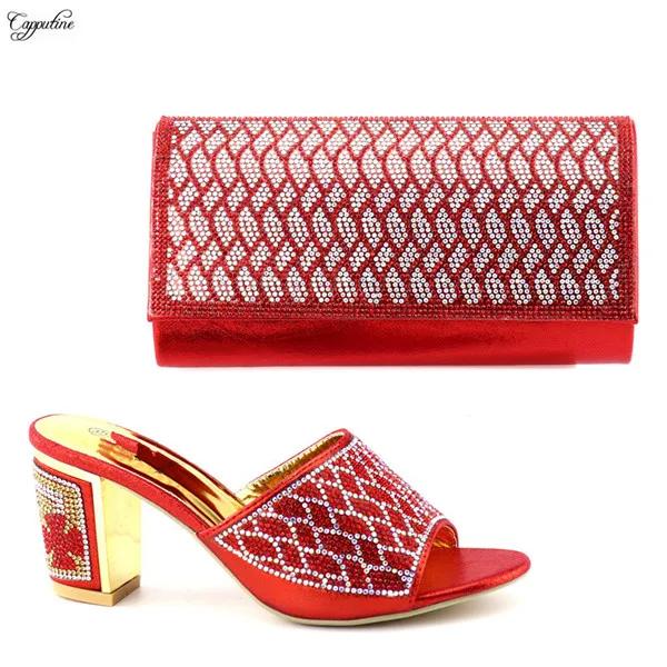 

Latest Red lower heel African shoes matching with handbag set for party 9658-2 heel height 8cm, multi color