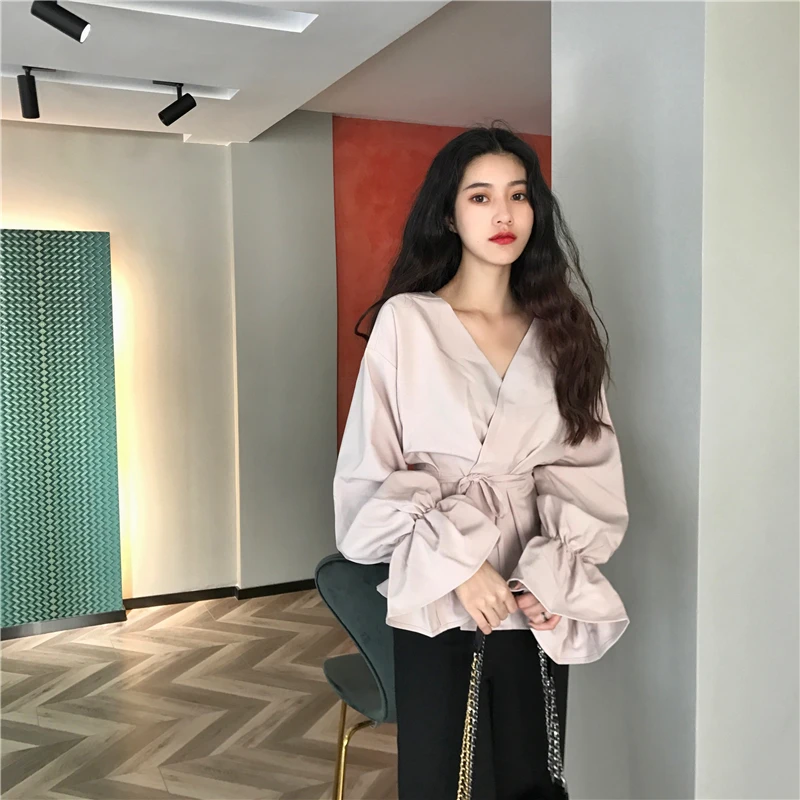2019 damska bluzka wiosna nowy elegancki Temperament koszule AliExpress V Neck bluzka moda damska Temperament złoty