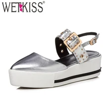 Wetkiss/2018 г. Новый Летние женские босоножки на высоком каблуке Острый носок заклепки обувь из натуральной кожи модные Повседневное для девочек обувь на платформе