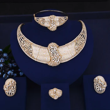 

Luxury Indian Gold Jewelry Sets christmas jewelry CZ Necklace Earrings Bracelet Resizable Ring Jewelry Sets For Bride Engagement