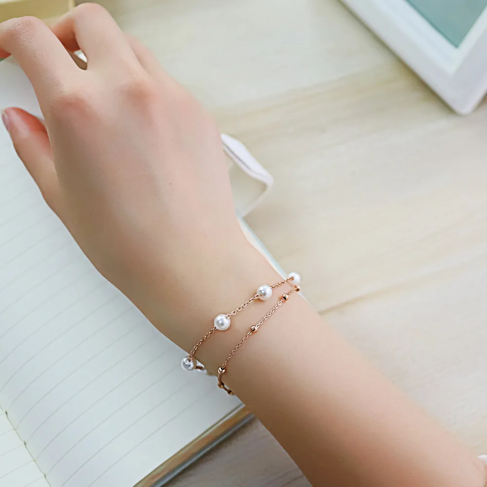 

Double Layer Reshwater Pearls Rose Gold Bracelets For Women Pulseira Feminina Pulseras De Mujer Bead Bracelet Cuir Femme