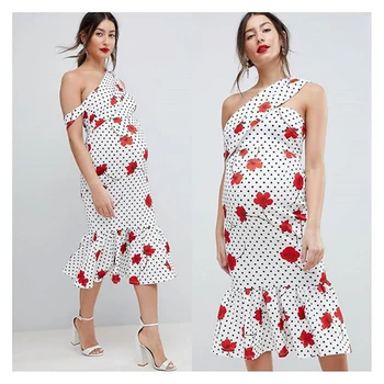

Maternity Dresses Flower Print Dotted Oblique Shoulder Mother Clothing Irregular Sleeveless Pregnant Maternity Dress