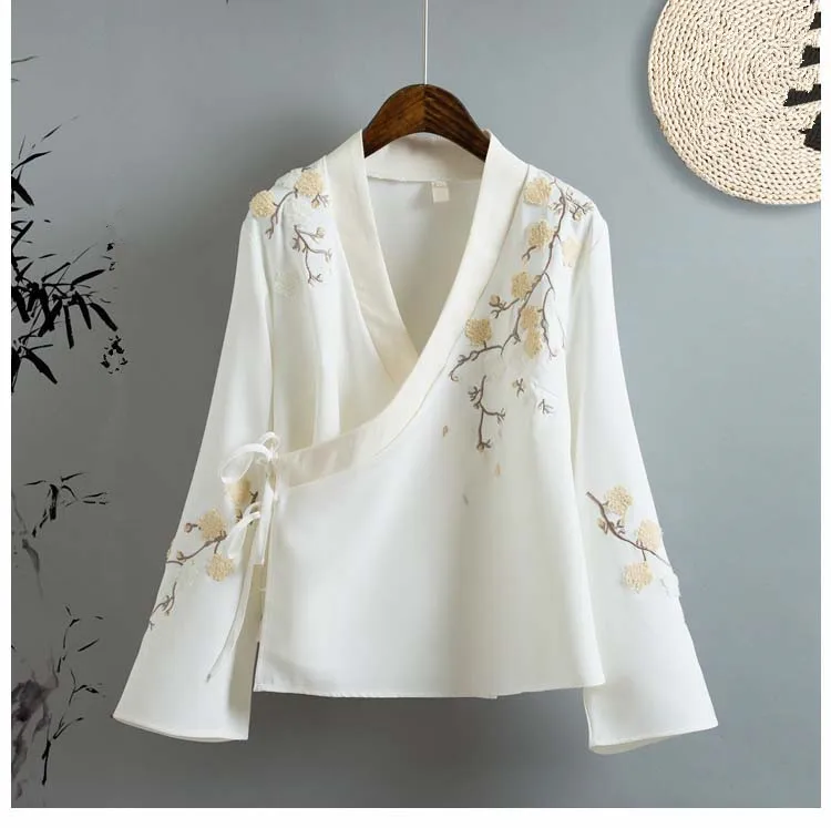 

Chinese Style Oblique Tie Long Sleeve Shirts Female Vintage Floral Embroidery Loose Blouses Women High Quality Tops Blusas