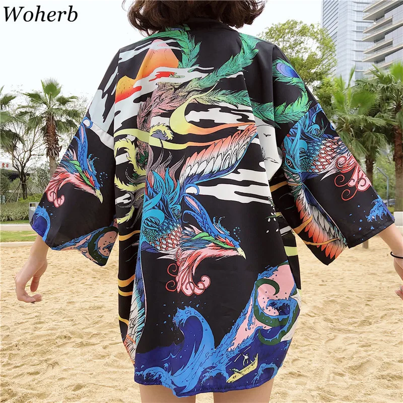 

Woherb Summer Womens Tops Blouses Harajuku Kimono Cardigans Loose Yukata Blusas Sunscreen Coat 2019 Cartoon Print Shirt 21727