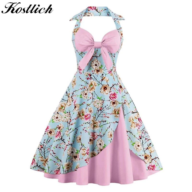 

Kostlich Plus Size Floral Print Women Summer Dress 2018 Halter Backless Sexy Evening Party Dresses Big Swing 1950s Vintage Dress