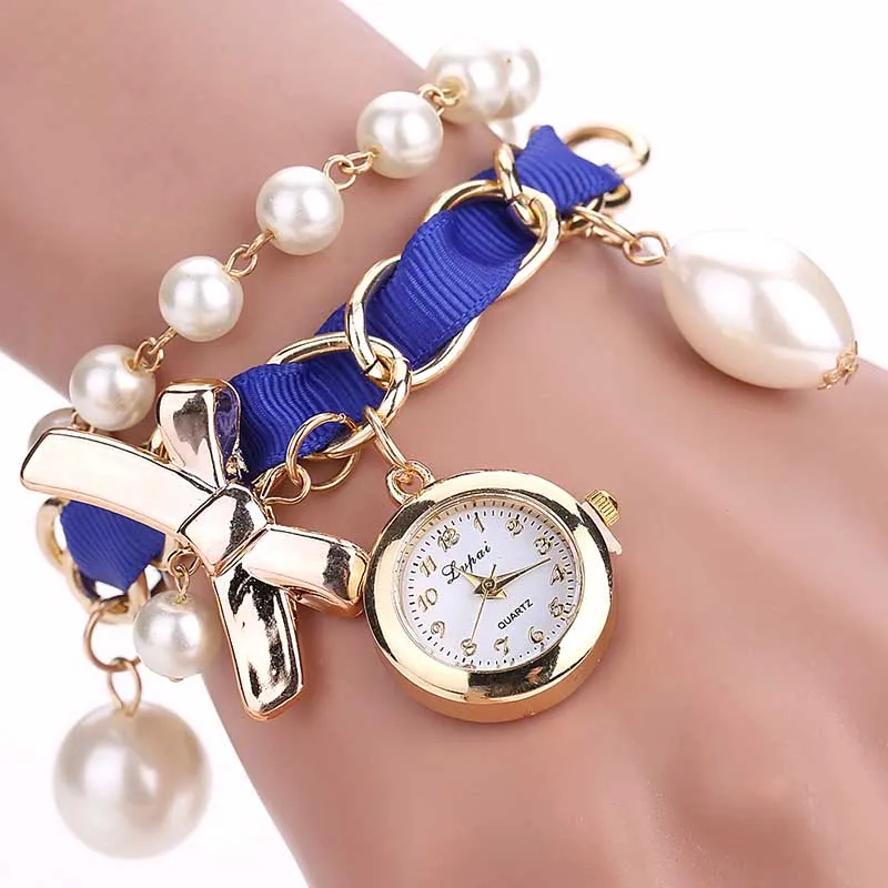 Women Simulation Pearl Pendant Bracelet Watches Girls Trendy Bowknot ...