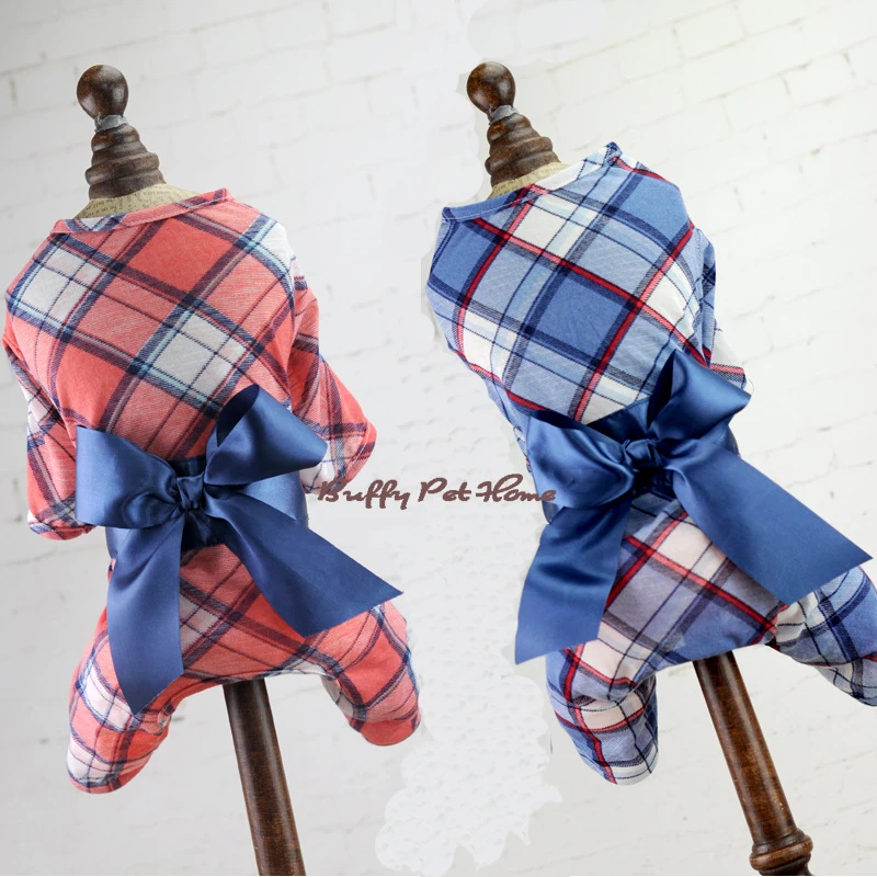 Plaid four legs Small dog home clothes soft cotton dog Jumpsuit Costume Spring summer Thin dogs