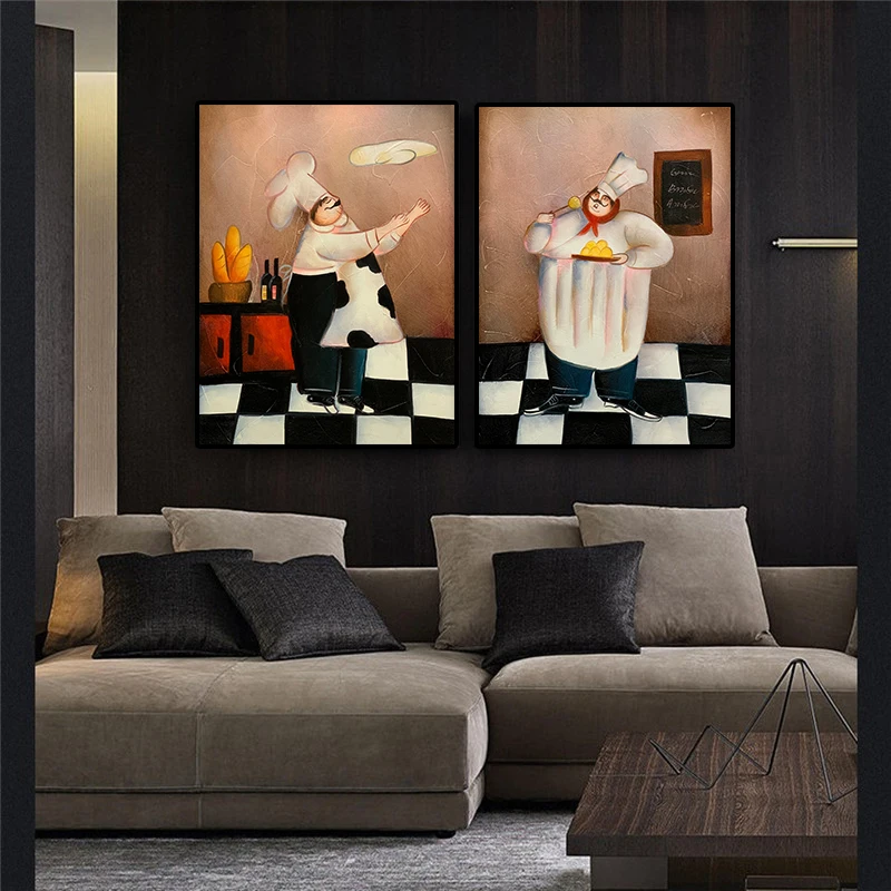 Cartoon Bakery Cook Restaurant Painting Posters and Prints Scandinavian Coffee House Kitchen Wall Art Picture for Living Room