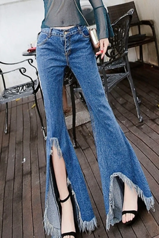 Fringe Jeans Femmes Pantalon Marée Large Gloria Taille Jambe Grande Femme Scission EEYPrqF