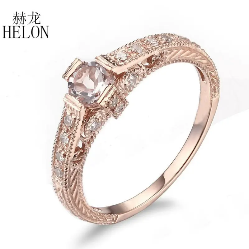 

HELON Solid 10K Rose Gold Art Deco 4.5-5mm Round Morganite Engagement Wedding Ring gemstone jewelry Natural Diamonds Fine Ring