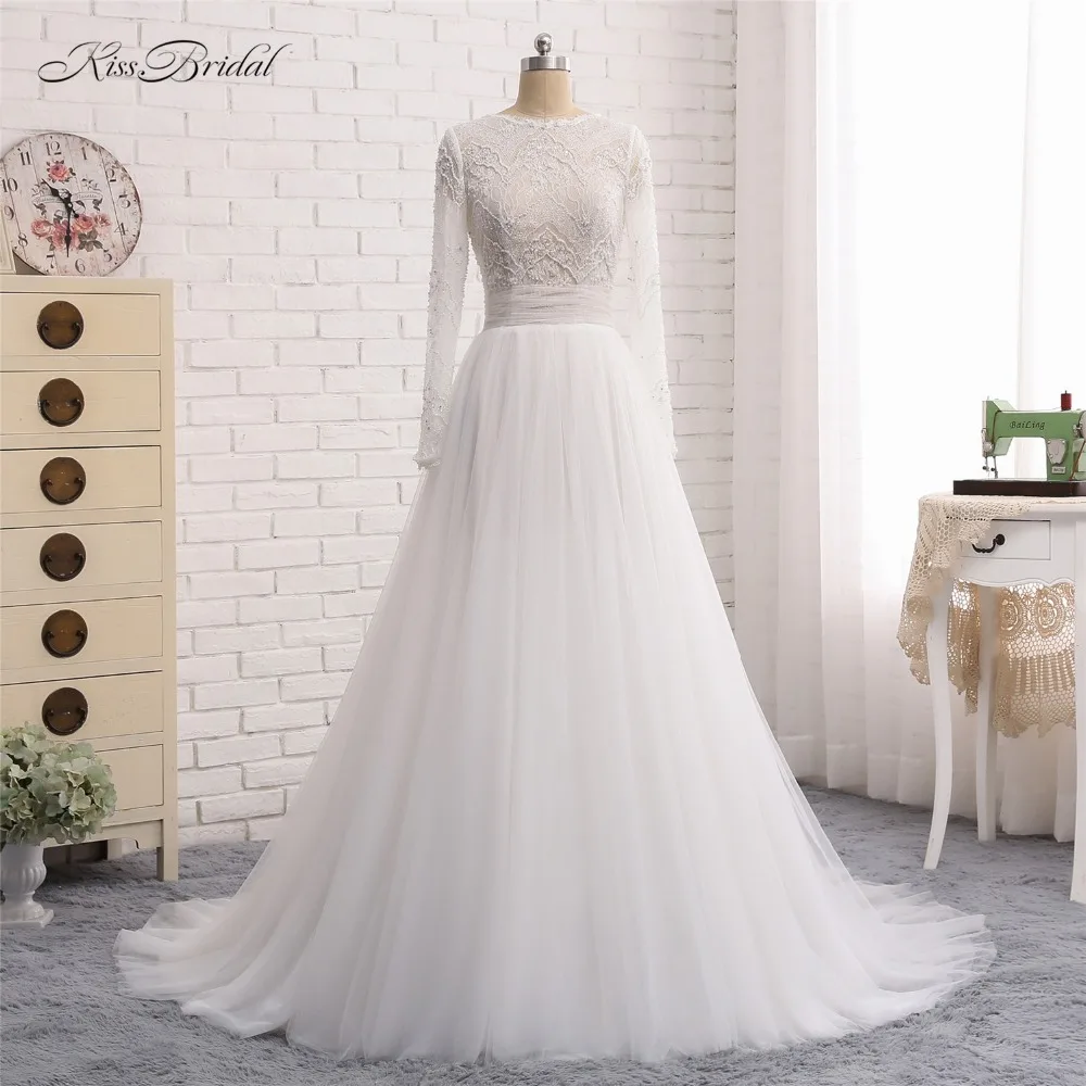 Vestidos de novia/Новые Модные свадебные платья 2018 с круглым вырезом и длинными рукавами