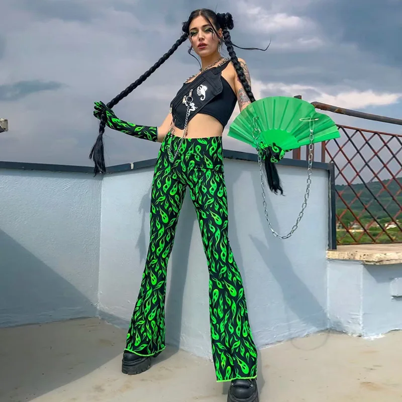 InstaHot Green High Waist Flare Pants Fire Printed Legging 2019 Autumn Winter Women Fashion Sexy Clubwear Trousers Pants InstaHot Green High Waist Flare Pants Fire Printed Legging 2019 Autumn Winter Women Fashion Sexy Clubwear Trousers Pants