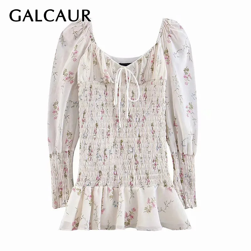 

GALCAUR Summer Mini Print Dress Women Square Collar Long Puff Sleeve High Waist Pleated Female Dresses Fashion New Korean 2019