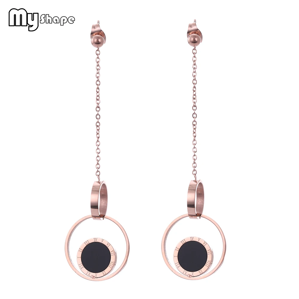 

My Shape Stainless Steel Black Round Long Drop Earrings Roman Digital Gold Geometric Earrings Women's Jewelry Ear Accessories