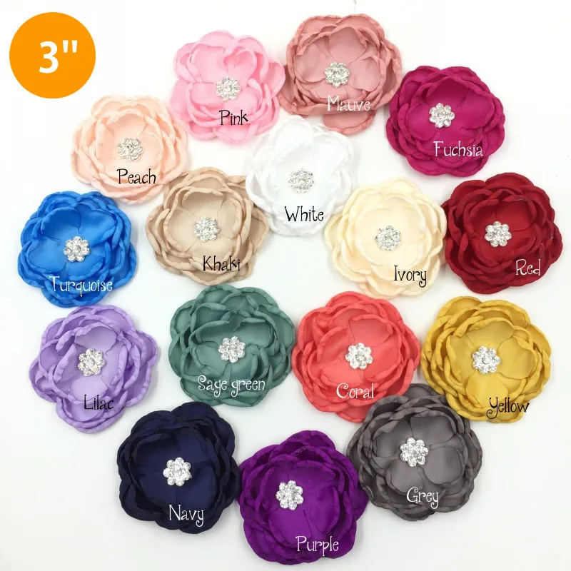 

48pcs/lot 3inch Burned Layered Flower Matching Sparking Rhinestone Satin Flower Customize Flower DIY Handwork