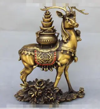 

S01136 11" Chinese Folk Culture Tradition Bronze Wealth Treasure bowl Sika deer Statue