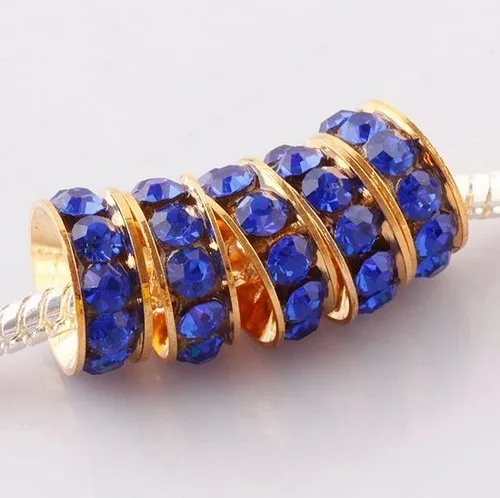 Бесплатная shipping10mm Позолоченные Deep Blue Crystal Стразы Боком Spacer Big Hole Шарм Бусины