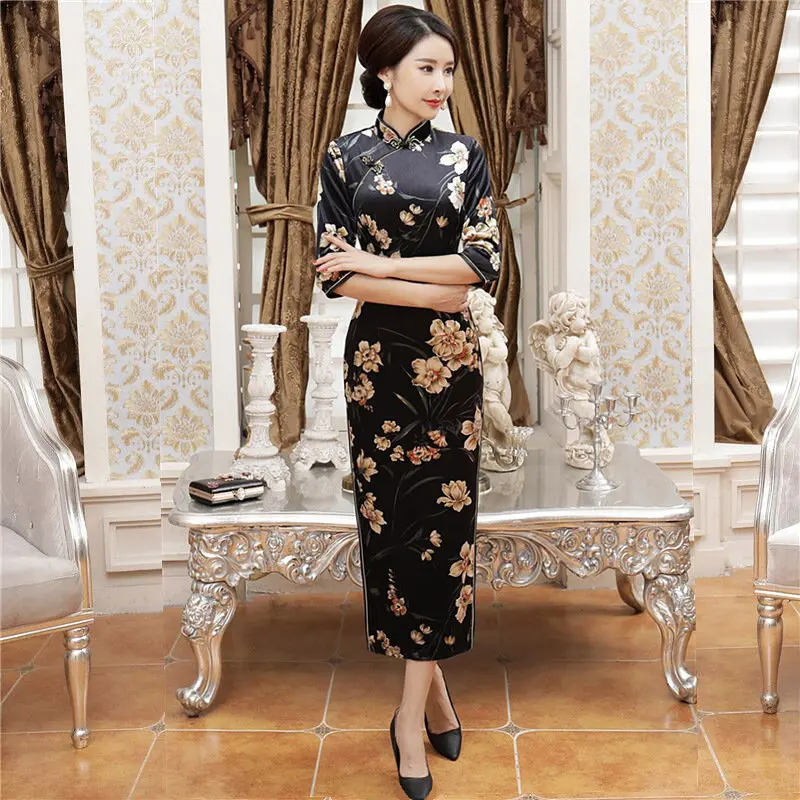 Новое поступление, женское велюровое длинное платье Cheongsam, модное платье в китайском стиле, элегантное платье Qipao Vestido, Размеры S M L XL XXL XXXL 4XL T0043