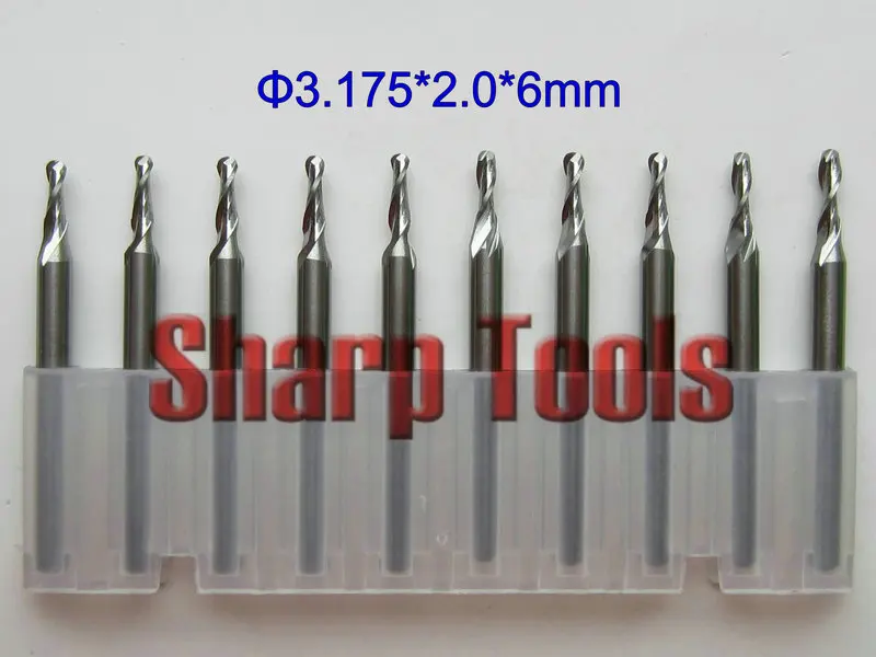 10PCS 3.175*2.0*6mm Two Flute Carbide Ball Nose End Mill Set CNC Wood