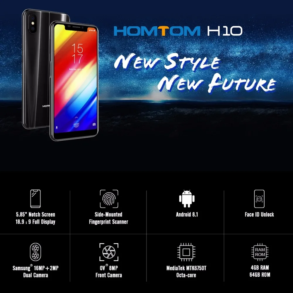 HOMTOM H10 5,85 pulgadas Android 8,1 4 GB + 64 GB teléfono móvil cara Identificación de huella dactilar ID MTK6750T Octa Core 16MP 8MP OTA OTG Smartphone