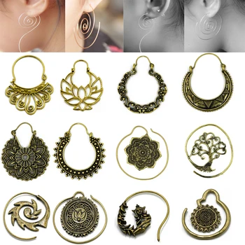 Brass Gold Tone Ornate Swirl Hoop Gypsy Indian Beaded Mandala Lotus Flower Tribal Ethnic Earring Boho ear Piercing Body Jewelry