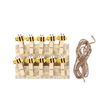 

1 Pack/10PCS Message Stickers Decor with Hemp Rope Cartoon Bee Wooden Paper Clip Bookmark For Album With Rope