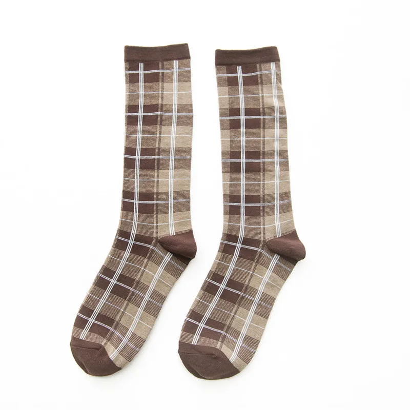 PEONFLY/1 пара модных женских длинных носков для девочек; носки до середины икры в винтажном стиле с клетчатым узором в стиле Харадзюку - Цвет: Coffee