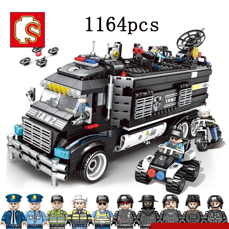 

SEMBO Technic 1164pcs Black Hawk SWAT Mobile Command Base Military Building Blocks Bricks Set Truck Model Kids Toys