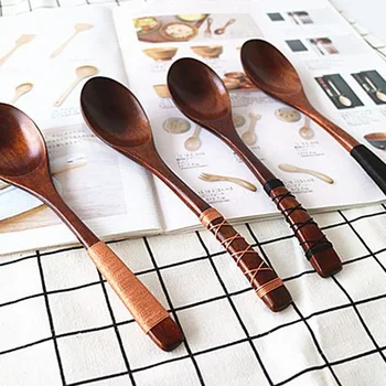 

2019 Simple Style Wrapped Wire Spoon Long Flat Curved Handle Exquisite Wrapped Eco-friendly Wooden spoon Anti-slip Spoon