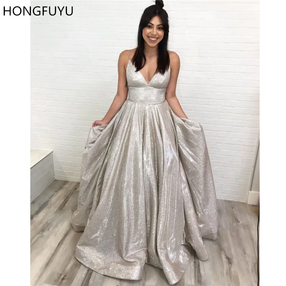 

HONGFUYU 2019 Reflective Ball Gown Evening Dresses Spaghetti Straps Vestido De Festa Floor Length Vintage Prom Dress Formal