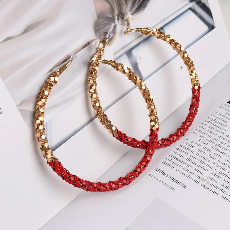 90mm Large Circle Exaggerated Sequin Twine Gold Clip on Earrings Hoops for Women with Cushion Pad No Pierced Fashion Jewelry