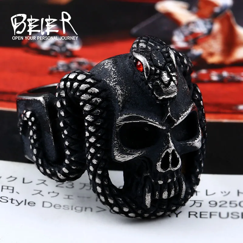 

Beier 316L Stainless Steel retro style Vintage snake ring with red stone devil skull biker exquisite jewelry for men LR524