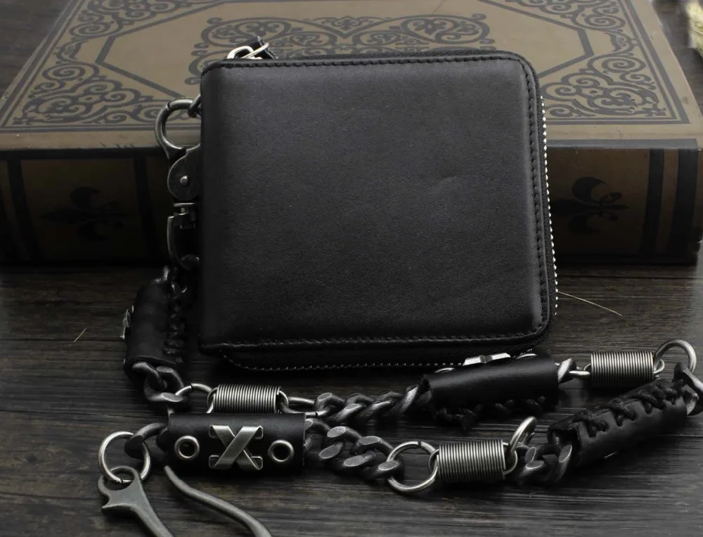 

Biker's Zipper Black Genuine Leather Wallet Purse With Metal Chain to Hang Punk