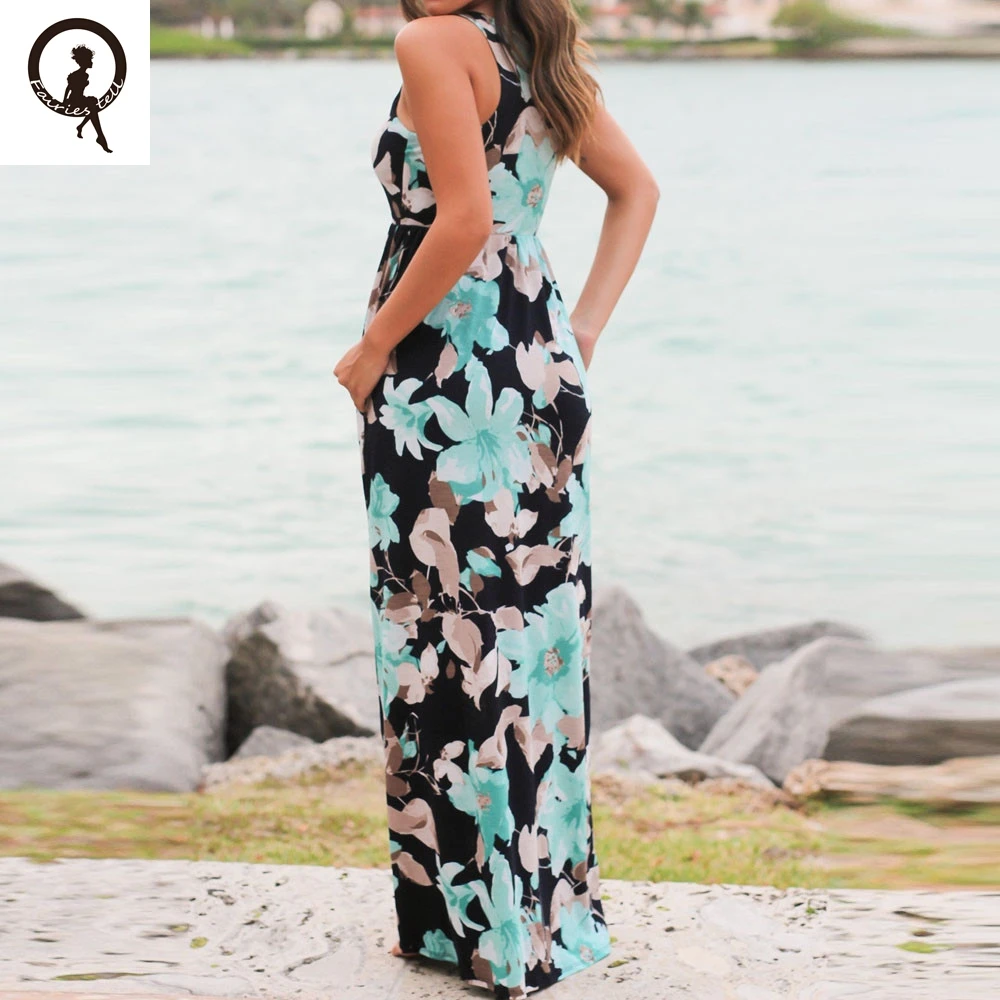 Vetement femme 2019 Boho женский цветочный принт сарафан без рукавов Летнее пляжное платье с карманами Макси длинное платье Vestidos #4