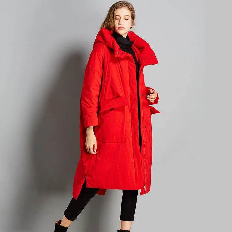 

FYYIYI 2019 Winter New Fashion Art Large Size Solid Color Hooded Long Irregular Temperament Women's Down Jacket Thick Loose Coat