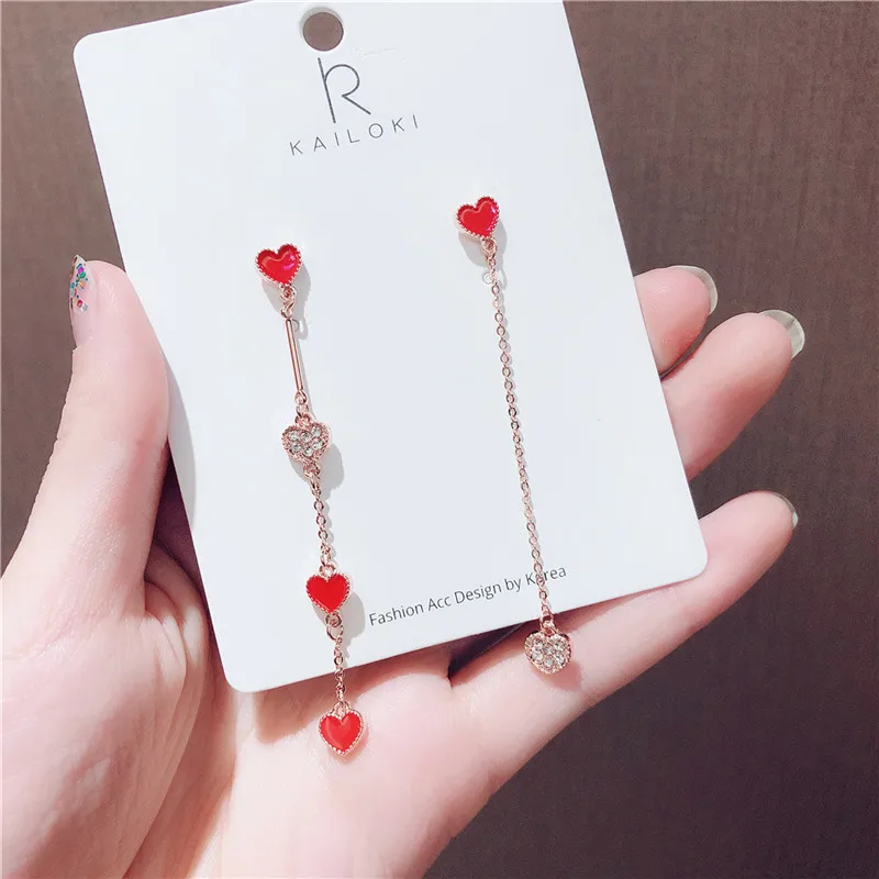 

MENGJIQIAO 2018 Korean New Elegant Red Enamel Full Rhinestone Heart Asymmetric Long Earrings For Women Ear Line Drop Pendientes
