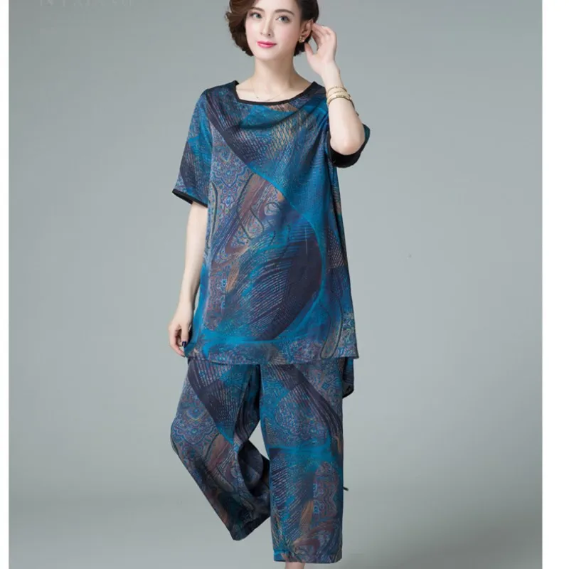 

Summer Ladies Large Size Printed Imitation Silk Short Sleeve Tops + Wide Leg Pants Comfortable Two-piece Suit